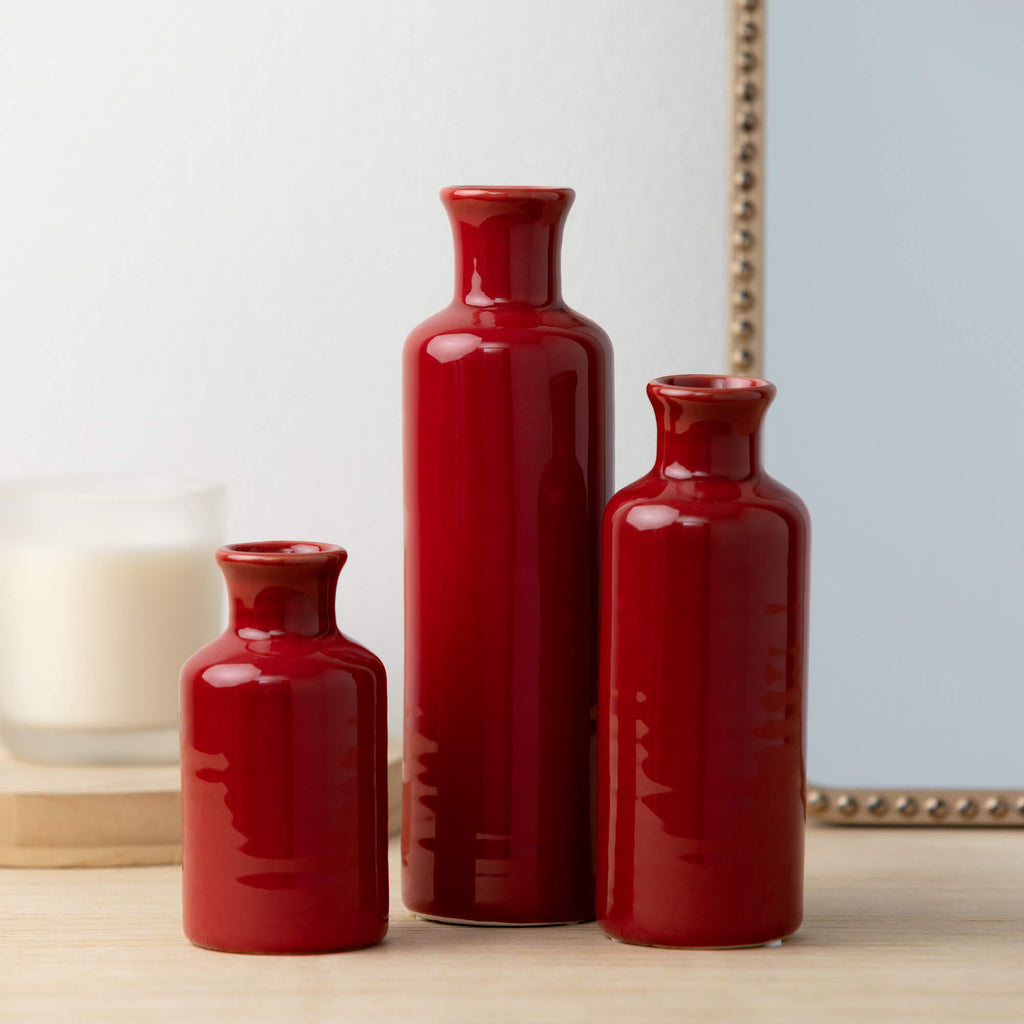 Ceramic Red Bottle Vase Set 3 