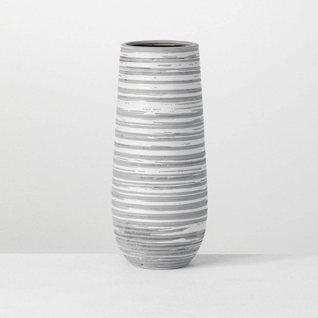 Tall Striped Gray White Vase  