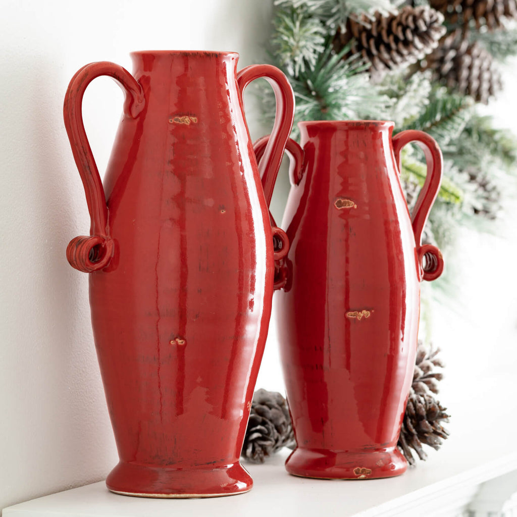 Red Glazed Handled Urn Set 2  