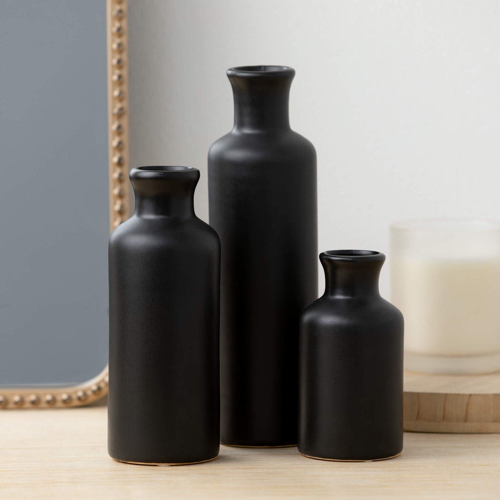 Matte Black Vase Set Of 3     