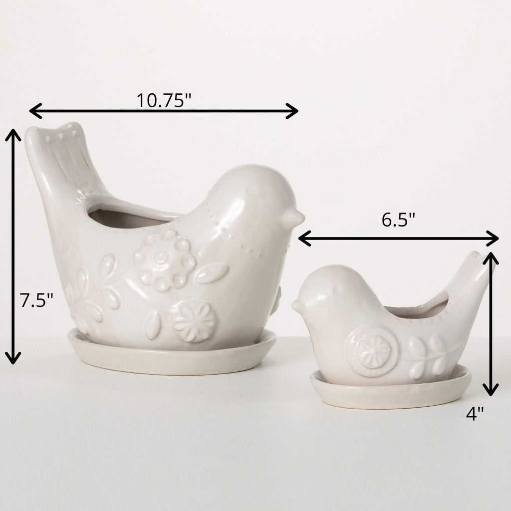 Raised Floral Bird Planter Set