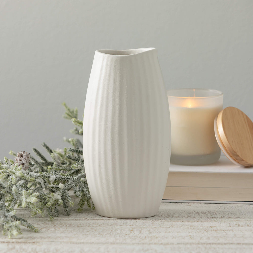 Textured White Ribbed Vase    