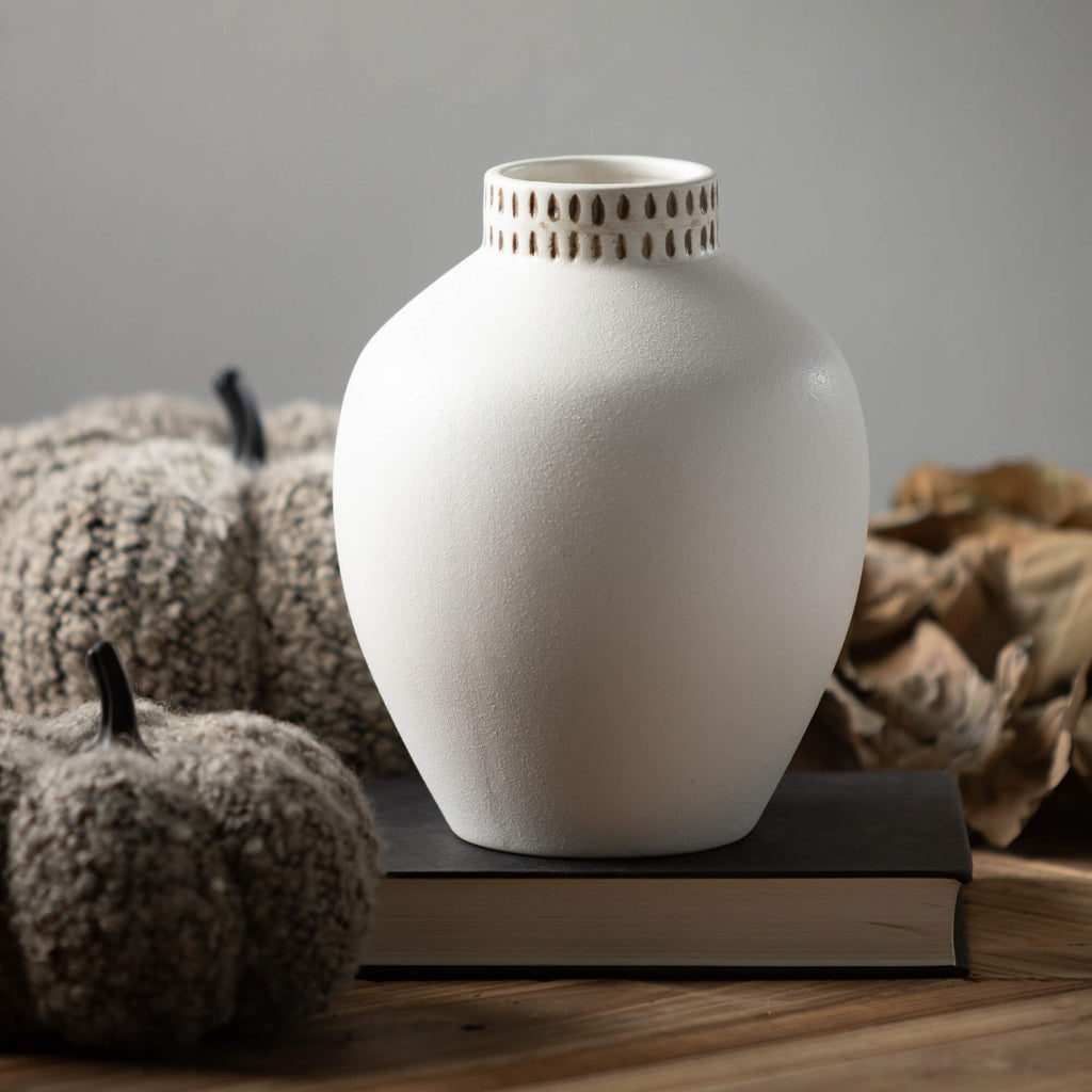 Etched Ivory Ceramic Urn Vase 