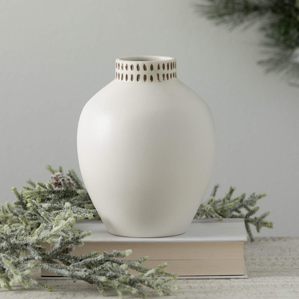 Etched Ivory Ceramic Urn Vase 