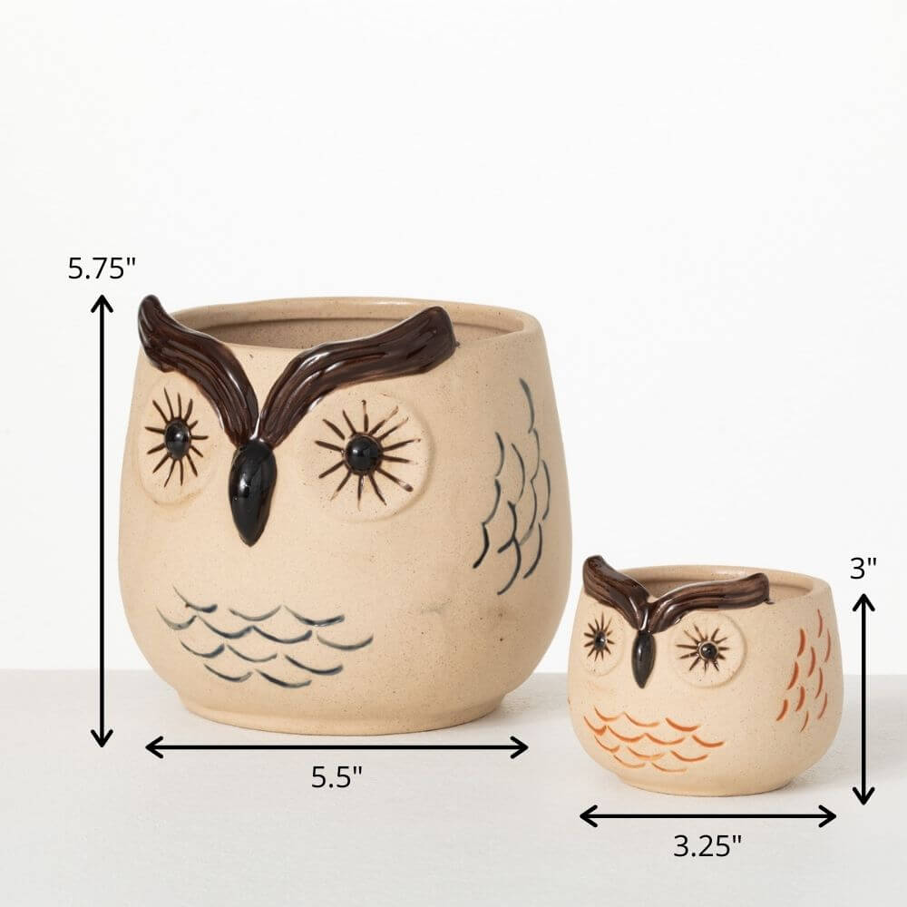 Kitschy Brown Owl Planter Set 