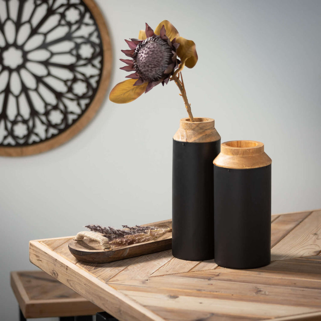 Wood Black Vases Set Of 2     