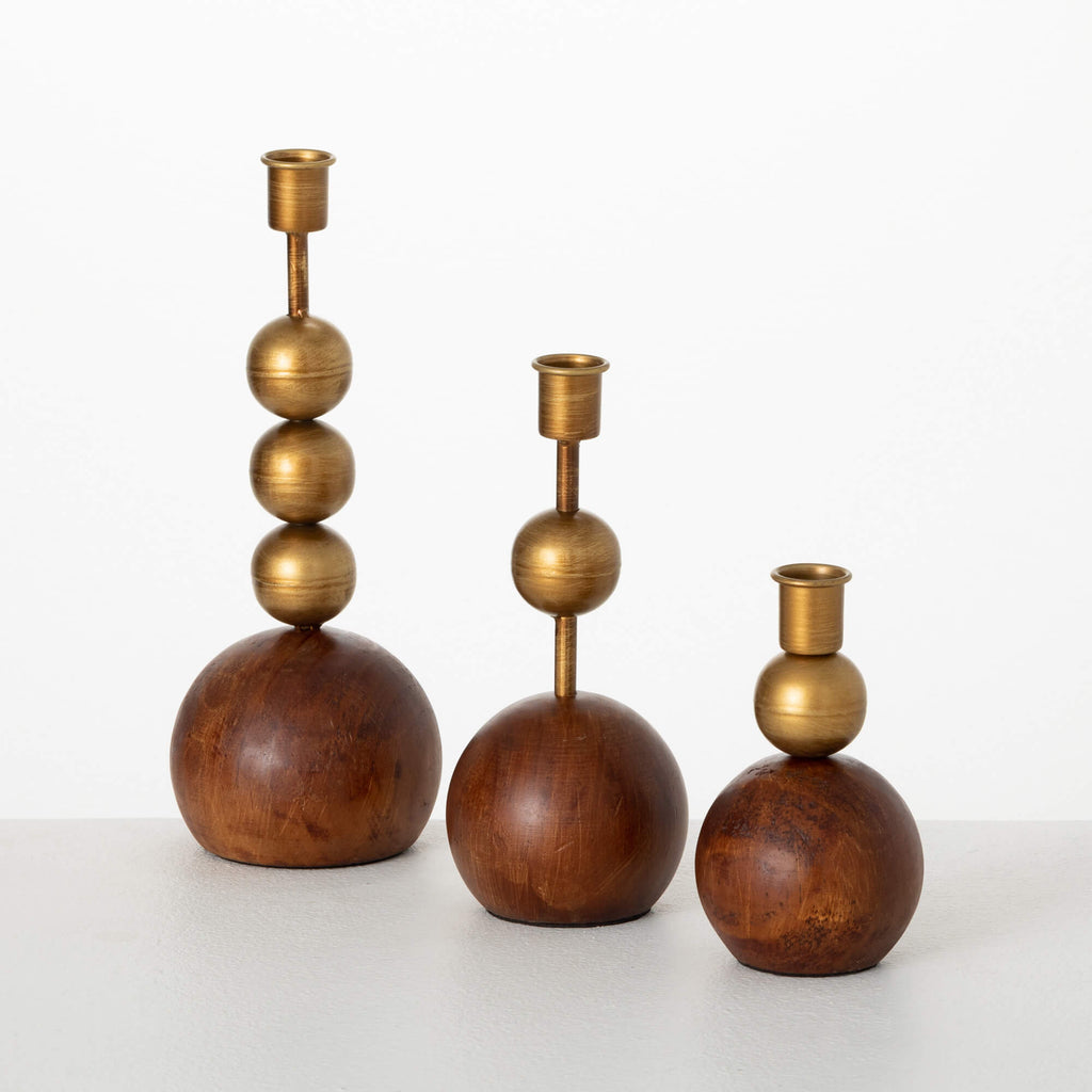 Gold & Wood Orb Candleholders 