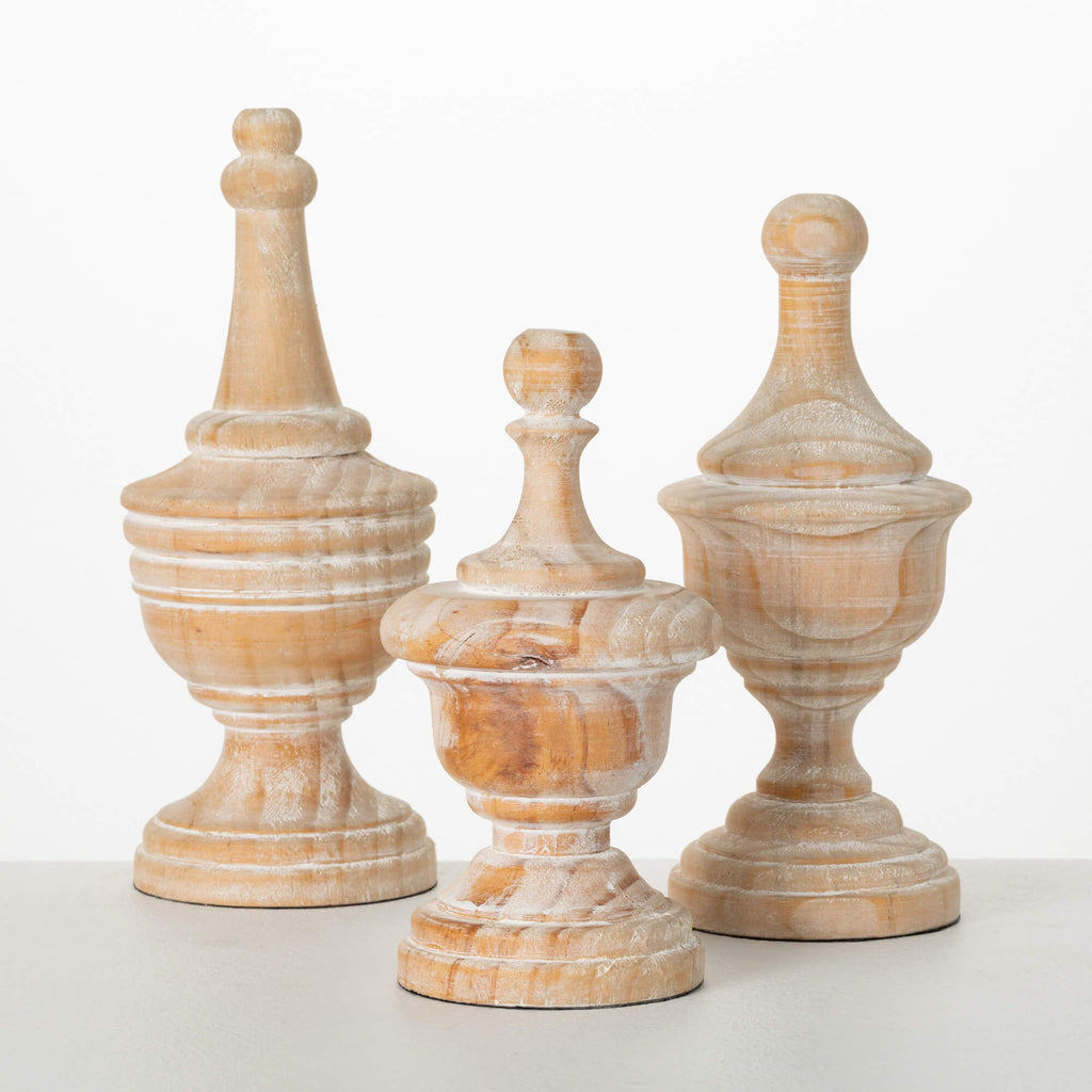 White Washed Wood Finial Set 3