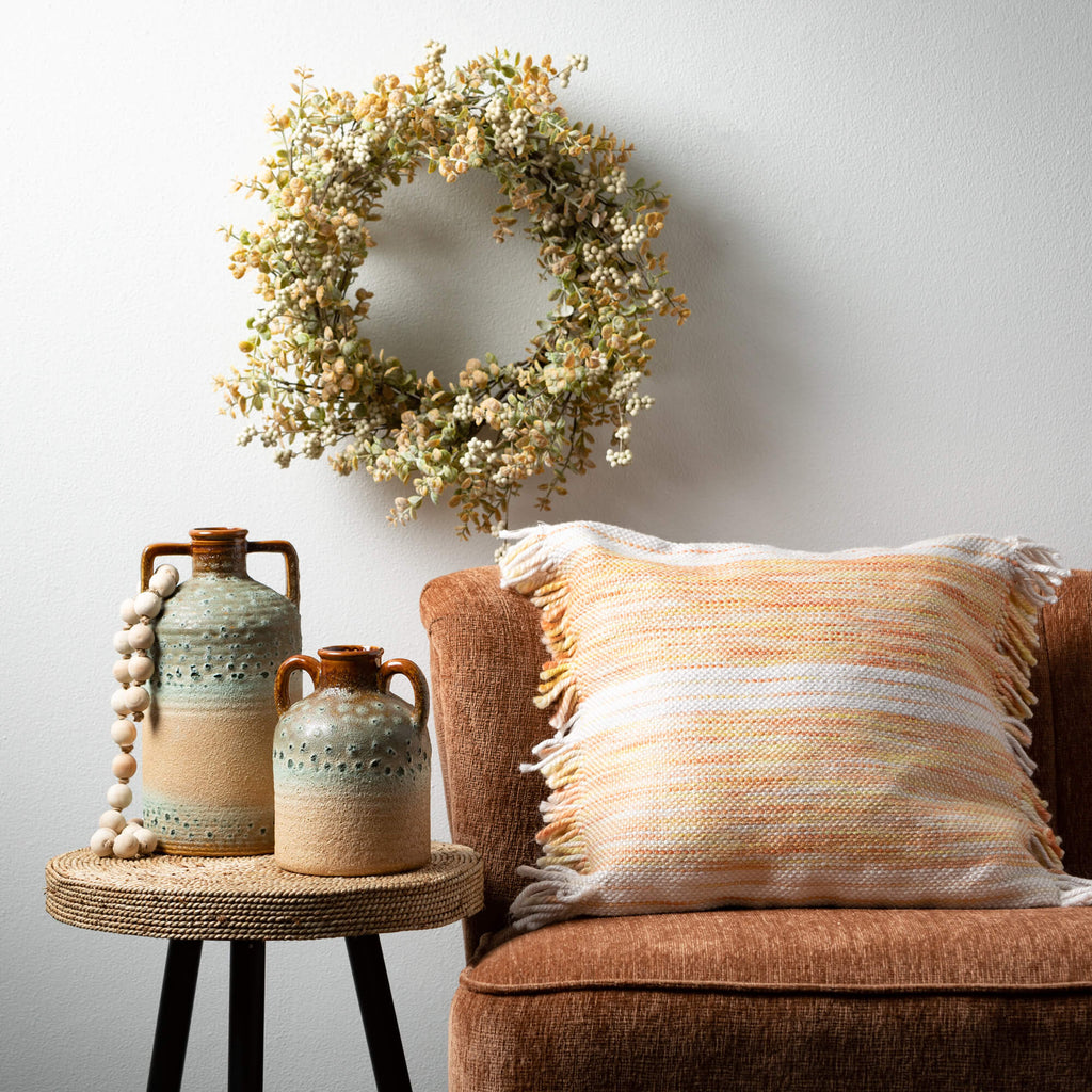 Yellow Striped Fringed Pillow 