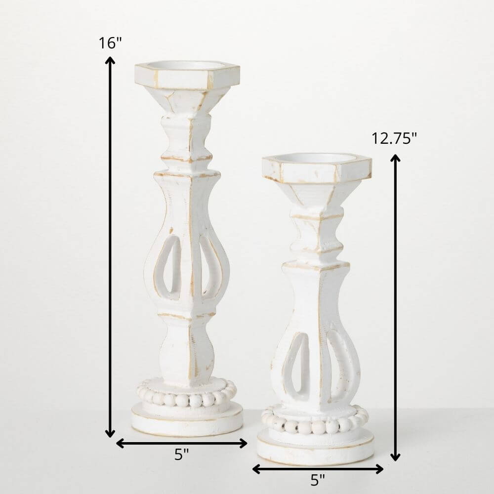 White Wood Pillar Holder Set  