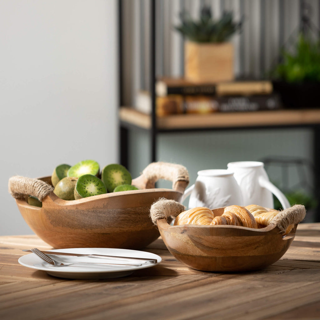 Rustic Wood Handled Bowl Set 2